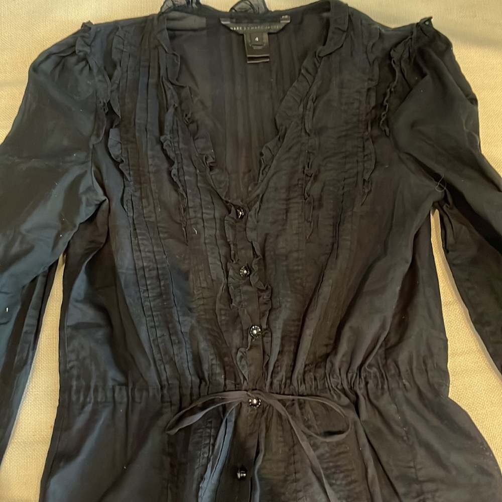 Marc Jacobs black cotton button down shirt top size 4 ruffles